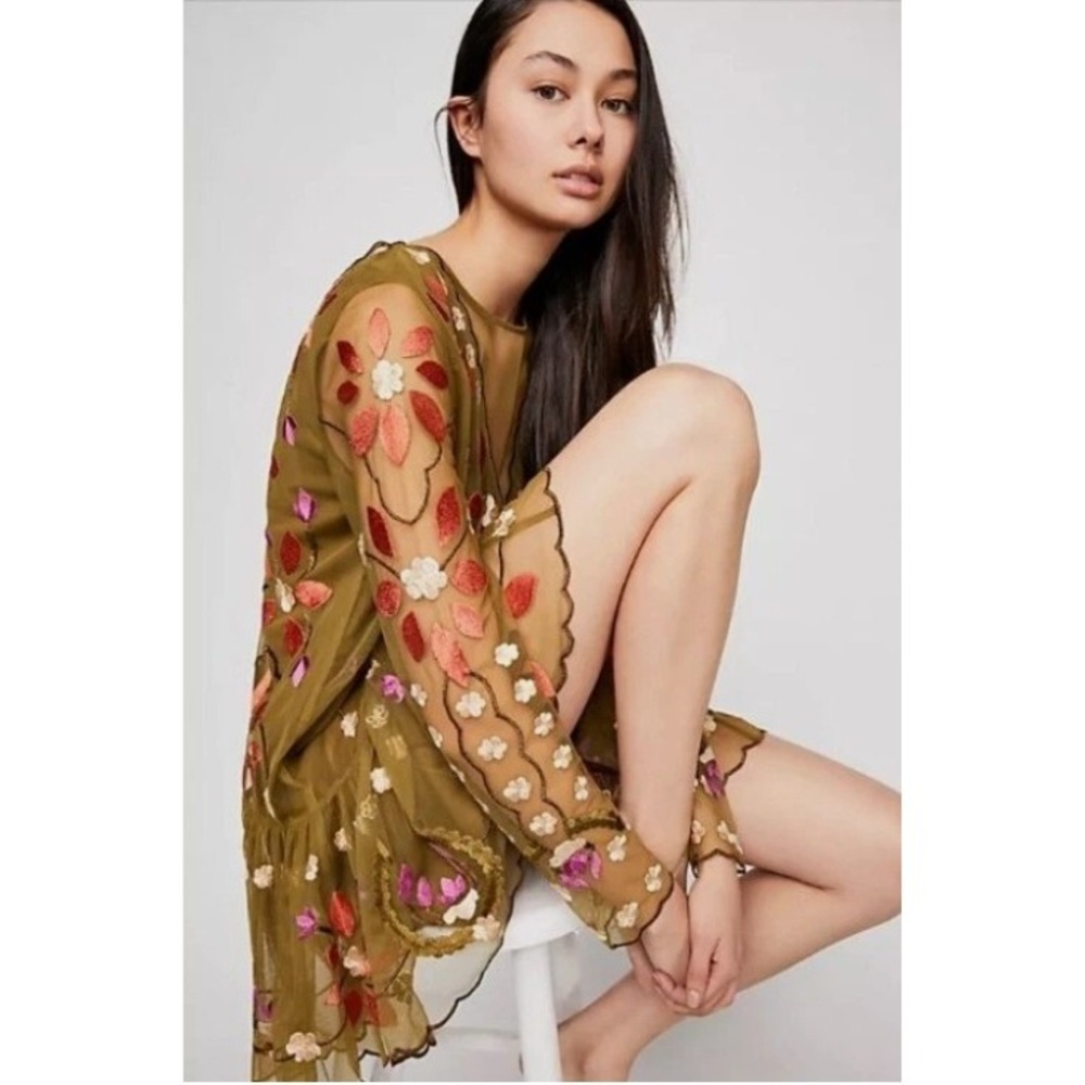 Free People Hearts‎ Are Wild Olive Embroidered Mini Dress Tunic Top Sz S Sheer